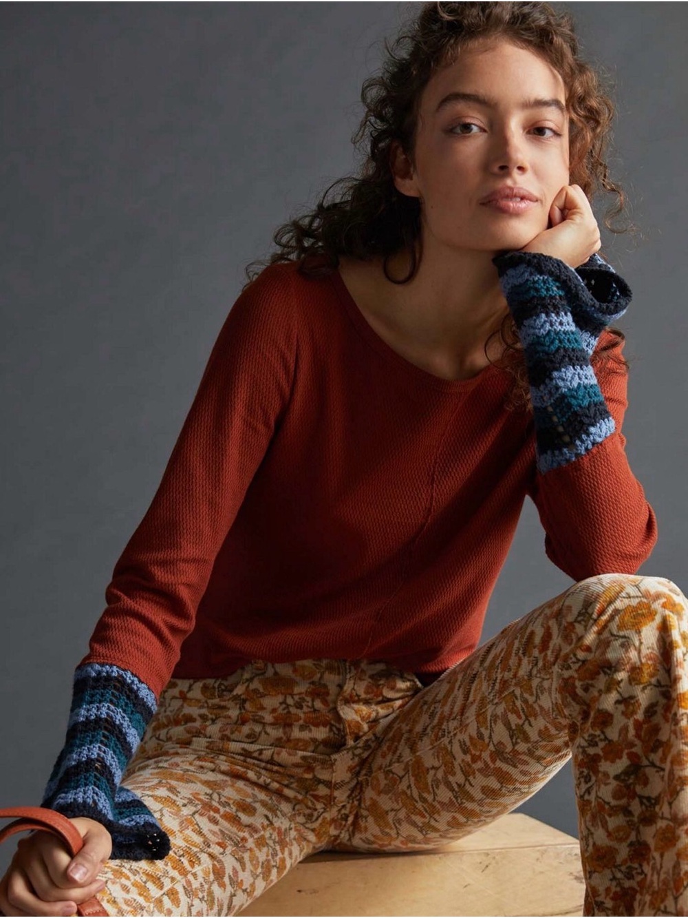 Pilcro Rust Long-Sleeve Top with Blue Striped Cuffs